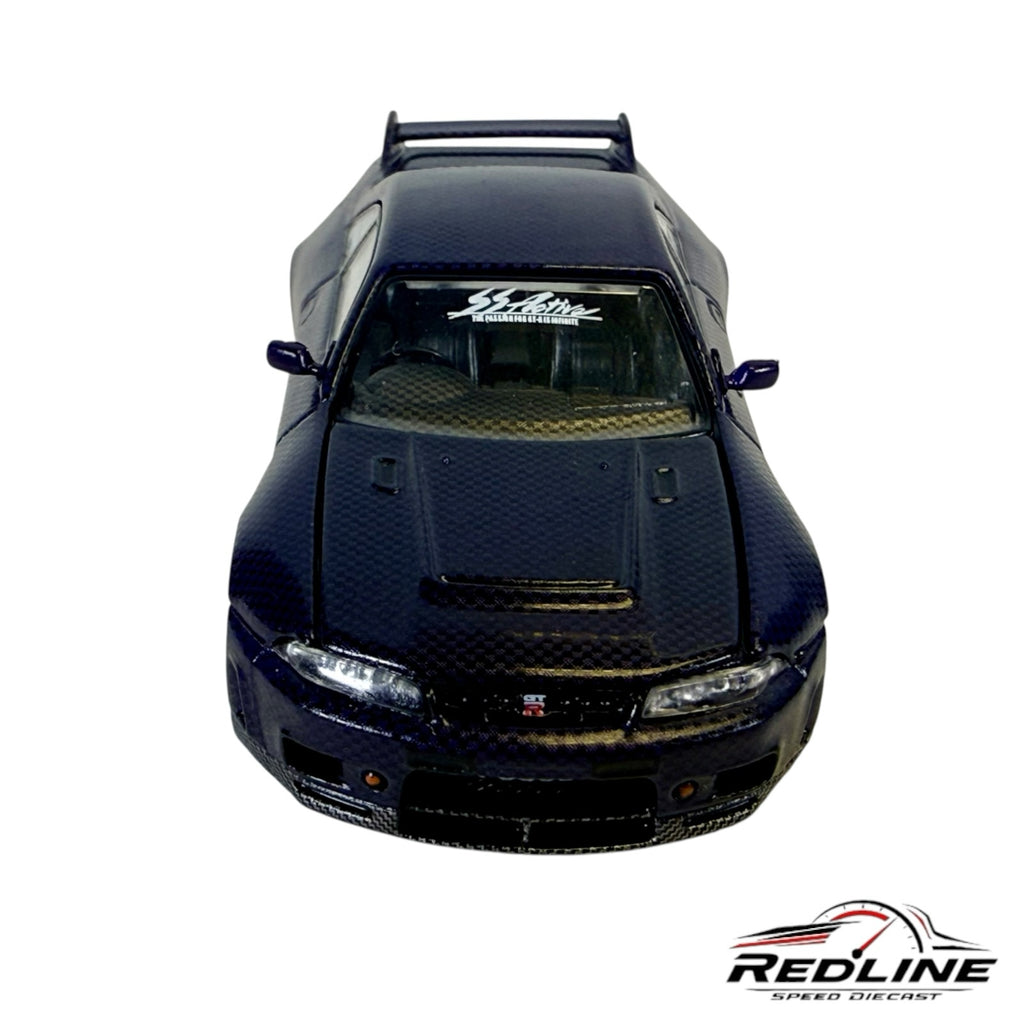 Redline Speed Diecast KAIDO HOUSE Nissan Skyline GT-R R33 model car with carbon fiber finish and SS Active branding