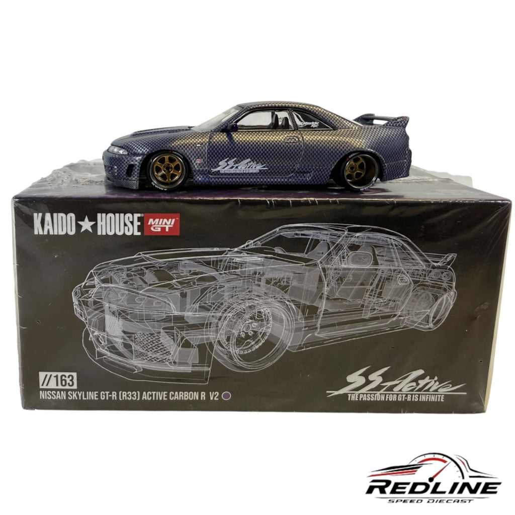Redline Speed Diecast KAIDO HOUSE Nissan Skyline GT-R R33 model car with carbon fiber finish and bronze wheels on box