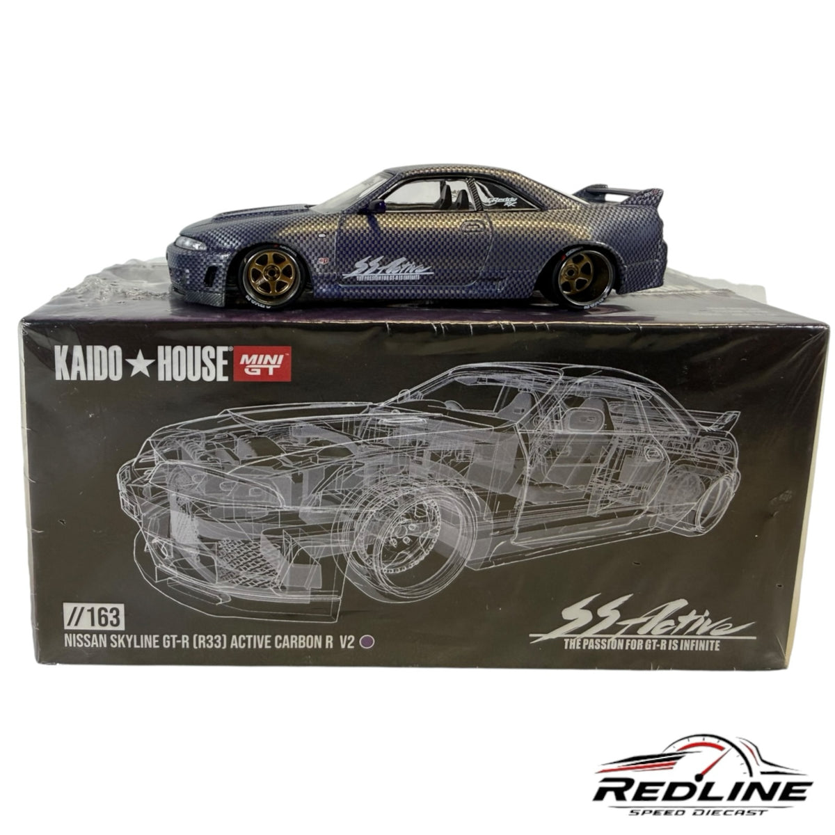 Redline Speed Diecast KAIDO HOUSE Nissan Skyline GT-R R33 model car with carbon fiber finish and bronze wheels on box