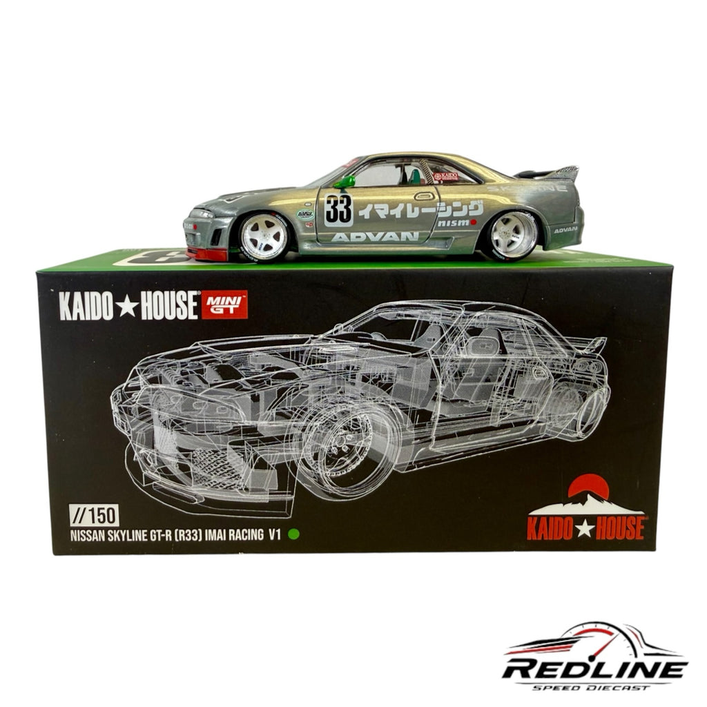 Redline Speed Diecast Kaido House Nissan Skyline GT-R R33 Imai Racing V1 metallic silver model car on display box
