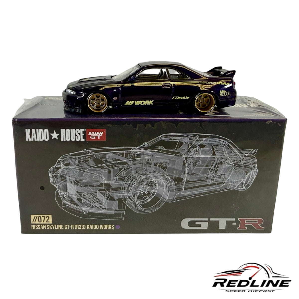 Redline Speed Diecast KAIDO HOUSE Nissan Skyline GT-R R33 model in purple with gold accents and Work wheels on box