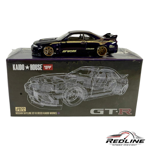 Redline Speed Diecast KAIDO HOUSE Nissan Skyline GT-R R33 model in purple with gold accents and Work wheels on box