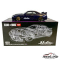 Redline Speed Diecast Kaido House Nissan Skyline GT-R R33 model car with carbon fiber finish and gold wheels on box.