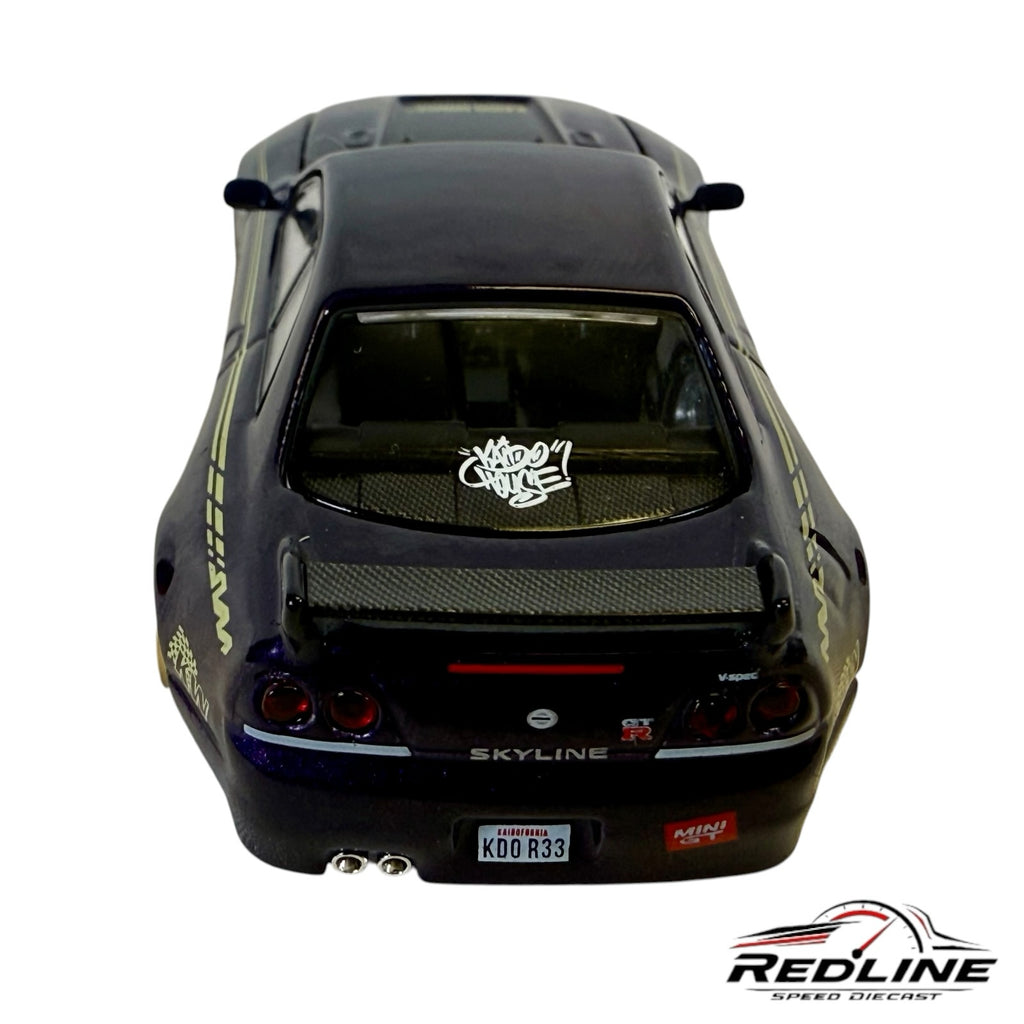 Redline Speed Diecast 1:64 Nissan Skyline GT-R R33 Kaido Works model in purple with carbon fiber wing and decals