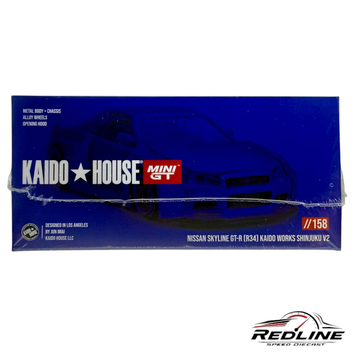 Redline Speed Diecast KAIDO HOUSE Nissan Skyline GT-R R34 Shinjuku V2 model car packaging in blue