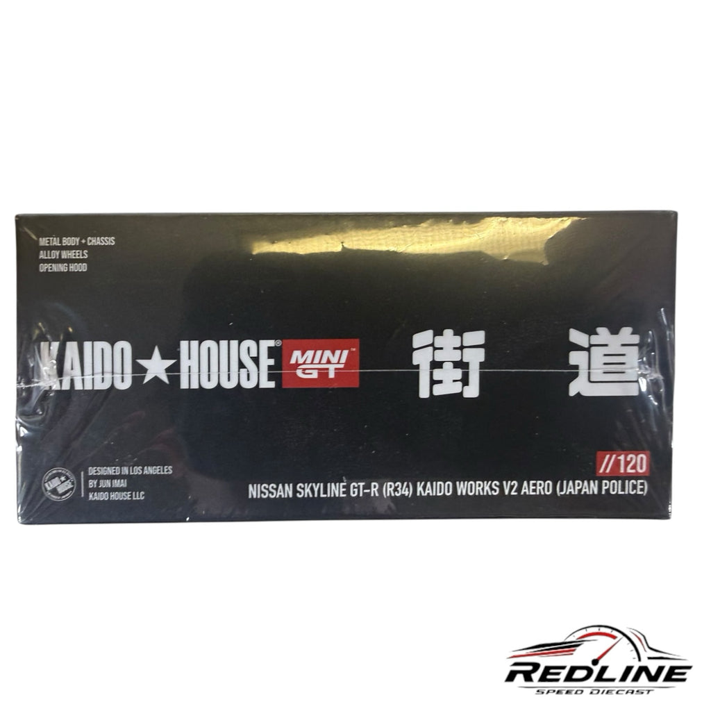 Redline Speed Diecast packaging for the Kaido House Nissan Skyline GT-R R34 Kaido Works V2 Aero Japan Police model.
