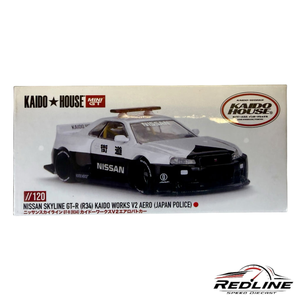 Redline Speed Diecast Kaido House Nissan Skyline GT-R R34 Japan Police model car in white and black livery