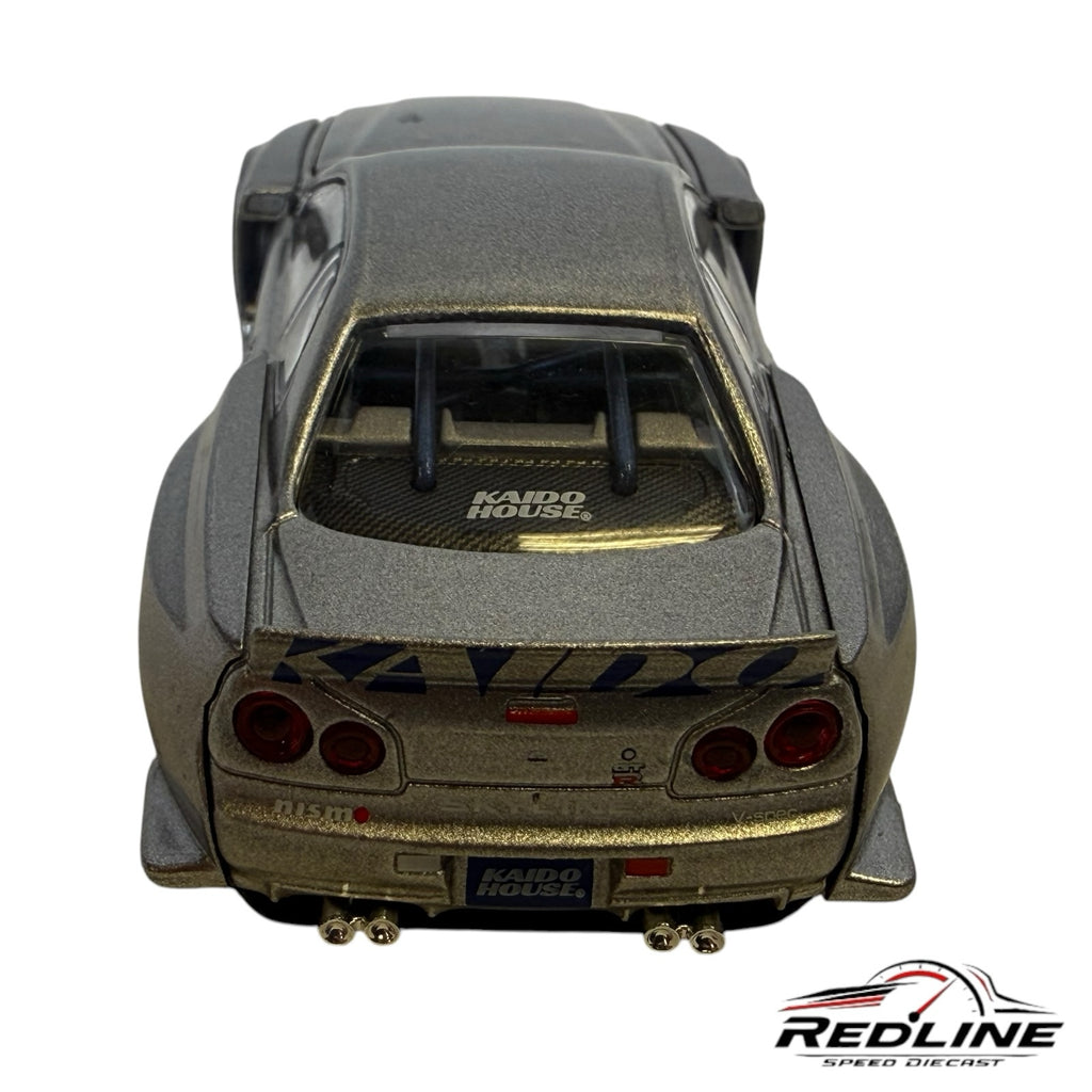 Redline Speed Diecast Kaido House Nissan Skyline R34 metallic silver wide-body model car rear view