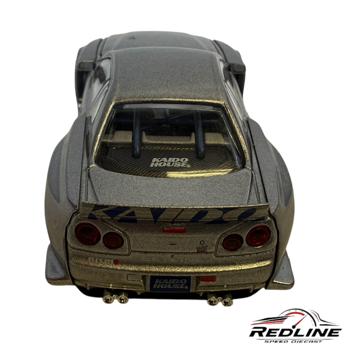 Redline Speed Diecast Kaido House Nissan Skyline R34 metallic silver wide-body model car rear view
