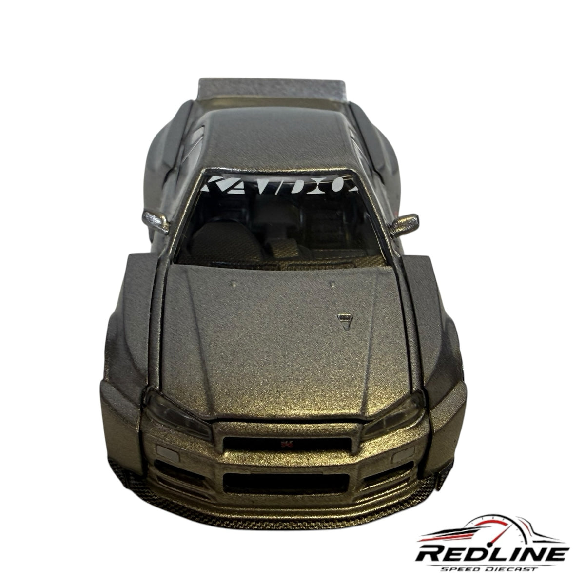 Redline Speed Diecast metallic silver Nissan Skyline R34 wide-body model car with Kaido House windshield branding