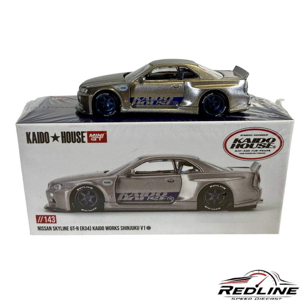 Redline Speed Diecast Kaido House Nissan Skyline GT-R R34 metallic silver wide-body model car with blue wheels