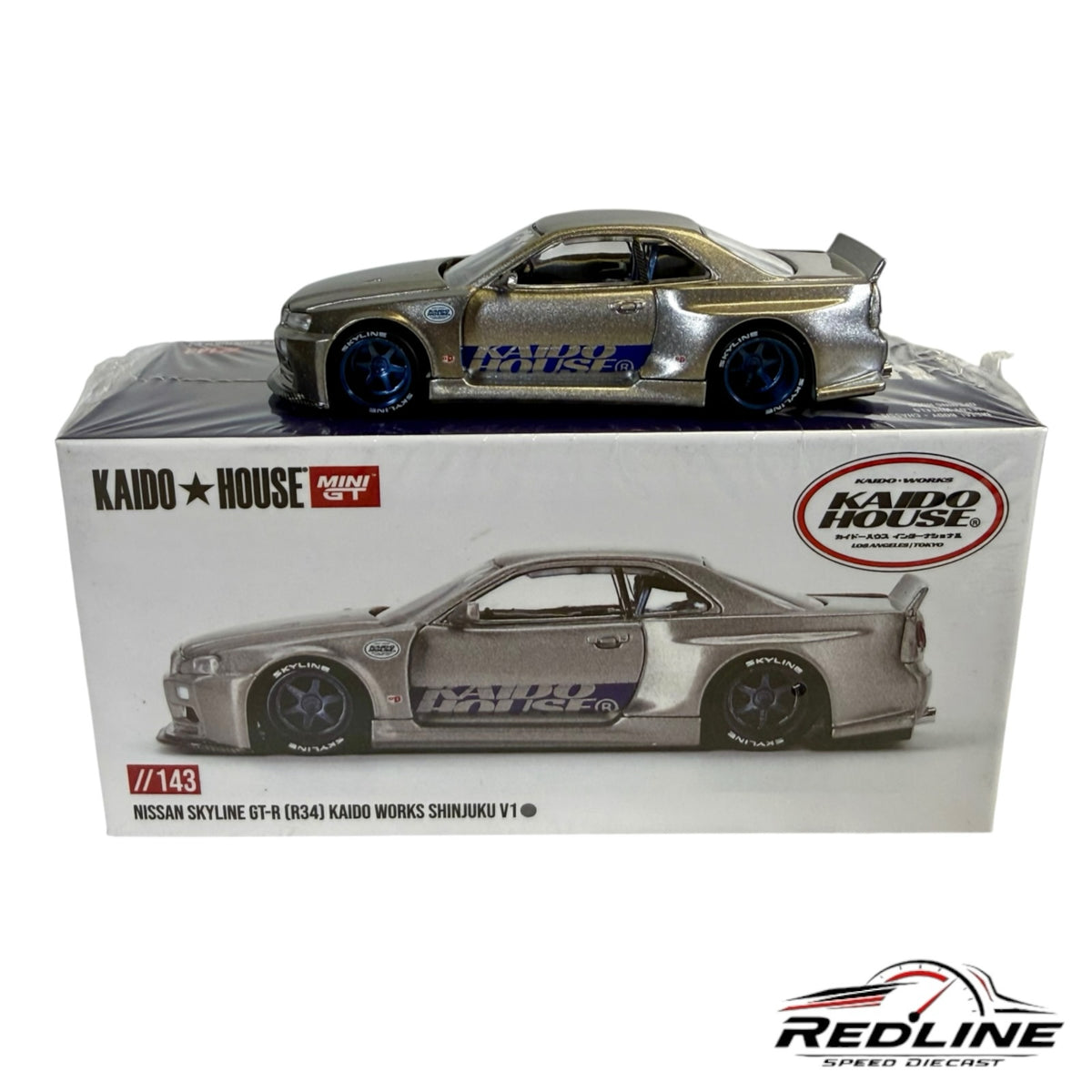 Redline Speed Diecast Kaido House Nissan Skyline GT-R R34 metallic silver wide-body model car with blue wheels