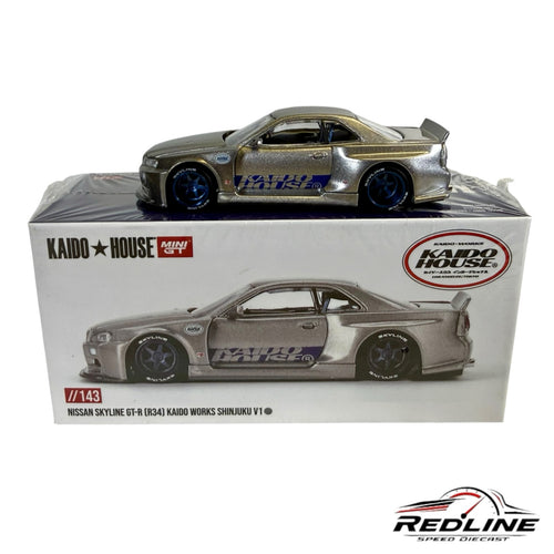 Redline Speed Diecast Kaido House Nissan Skyline GT-R R34 metallic silver wide-body model car with blue wheels