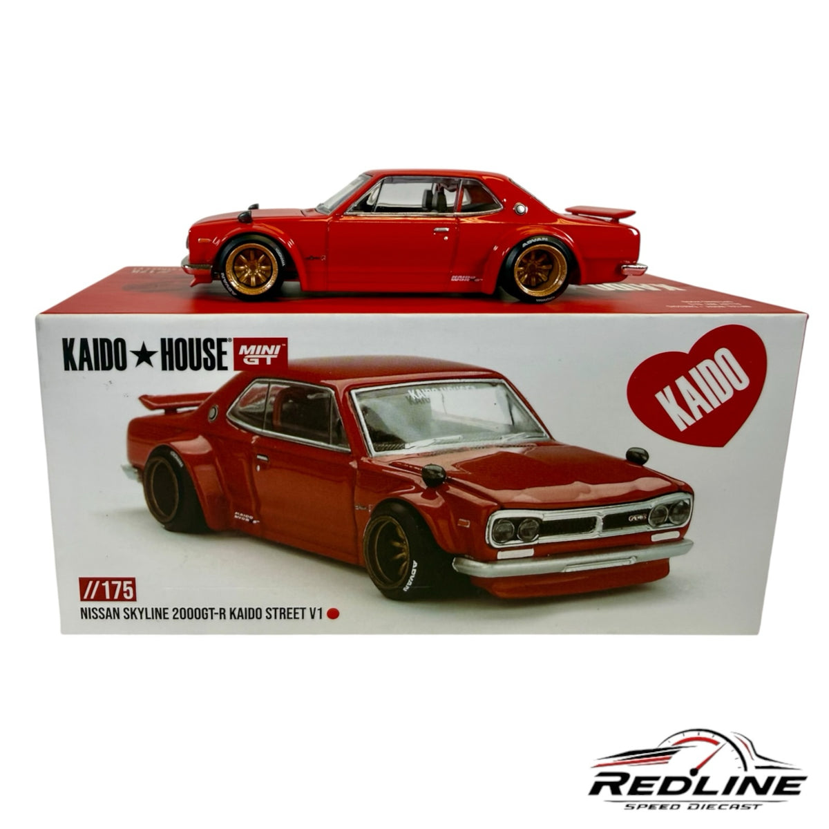 Redline Speed Diecast KAIDO HOUSE Nissan Skyline 2000GT-R red diecast model car with gold wheels on its display box.
