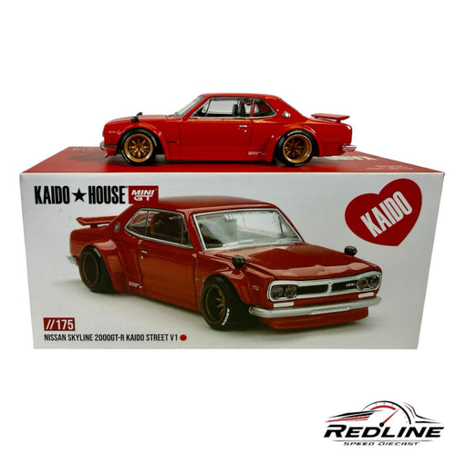 Redline Speed Diecast KAIDO HOUSE Nissan Skyline 2000GT-R red diecast model car with gold wheels on its display box.