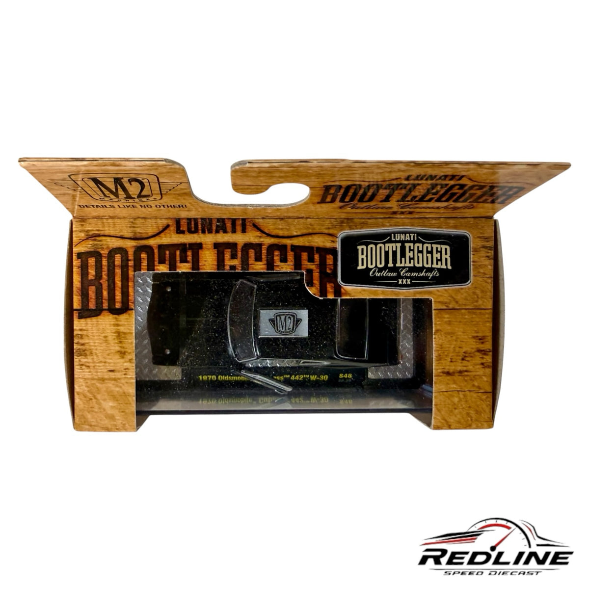 Redline Speed Diecast M2 Machines 1970 Oldsmobile Cutlass 442 W-30 in a rustic Lunati Bootlegger collector box