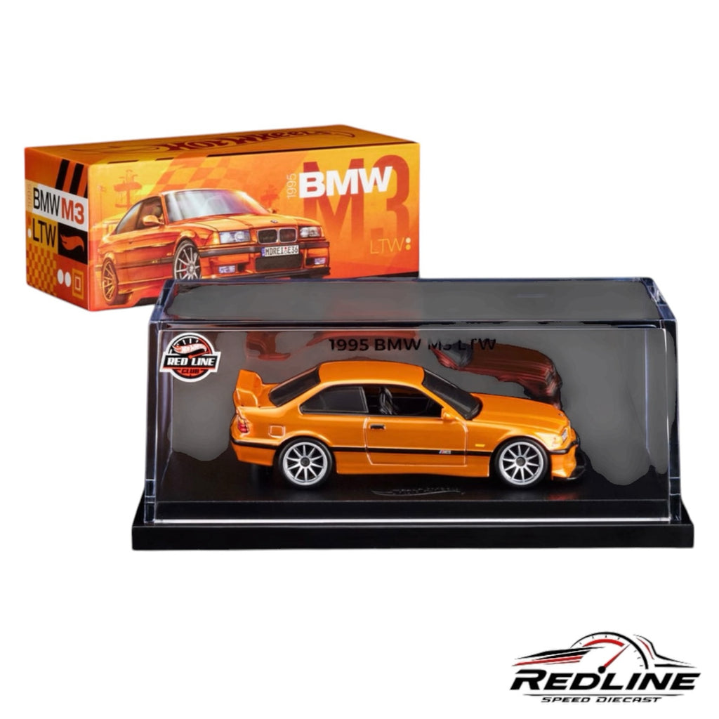 Redline Speed Diecast 1995 BMW M3 LTW orange model car in an acrylic display case with illustrated collector box