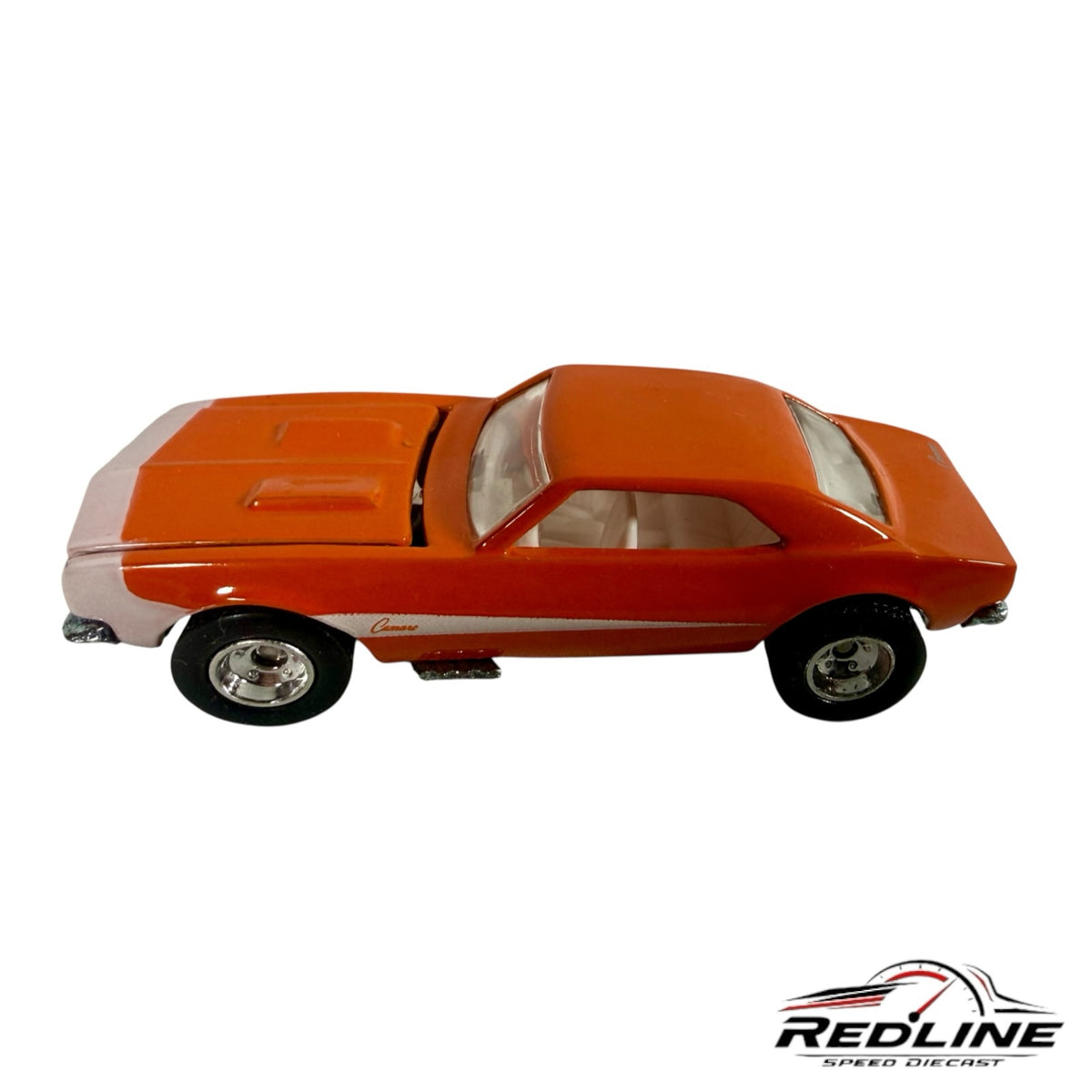 Redline Speed Diecast 1967 orange Chevrolet Camaro muscle car model with white side detailing and chrome wheels