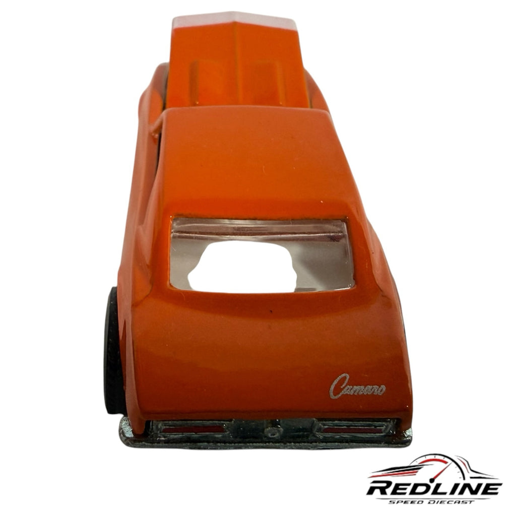 Redline Speed Diecast 1967 Chevrolet Camaro model in vibrant orange with rear view and open hood