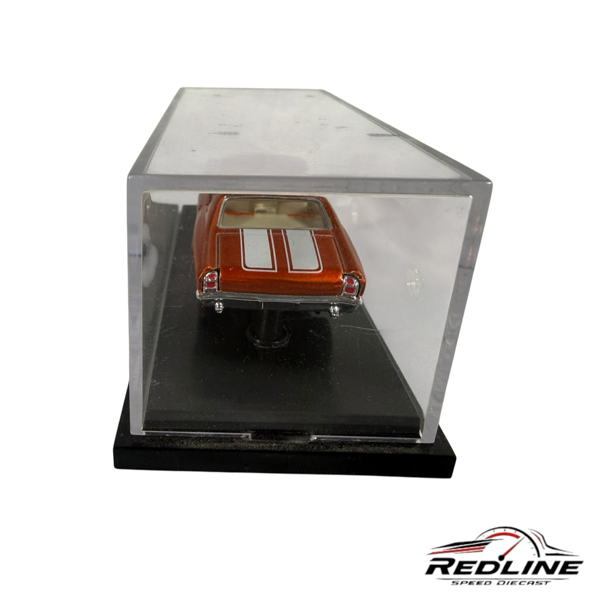 Redline Speed Diecast metallic orange Chevrolet Chevelle SS model car with white racing stripes in a display case