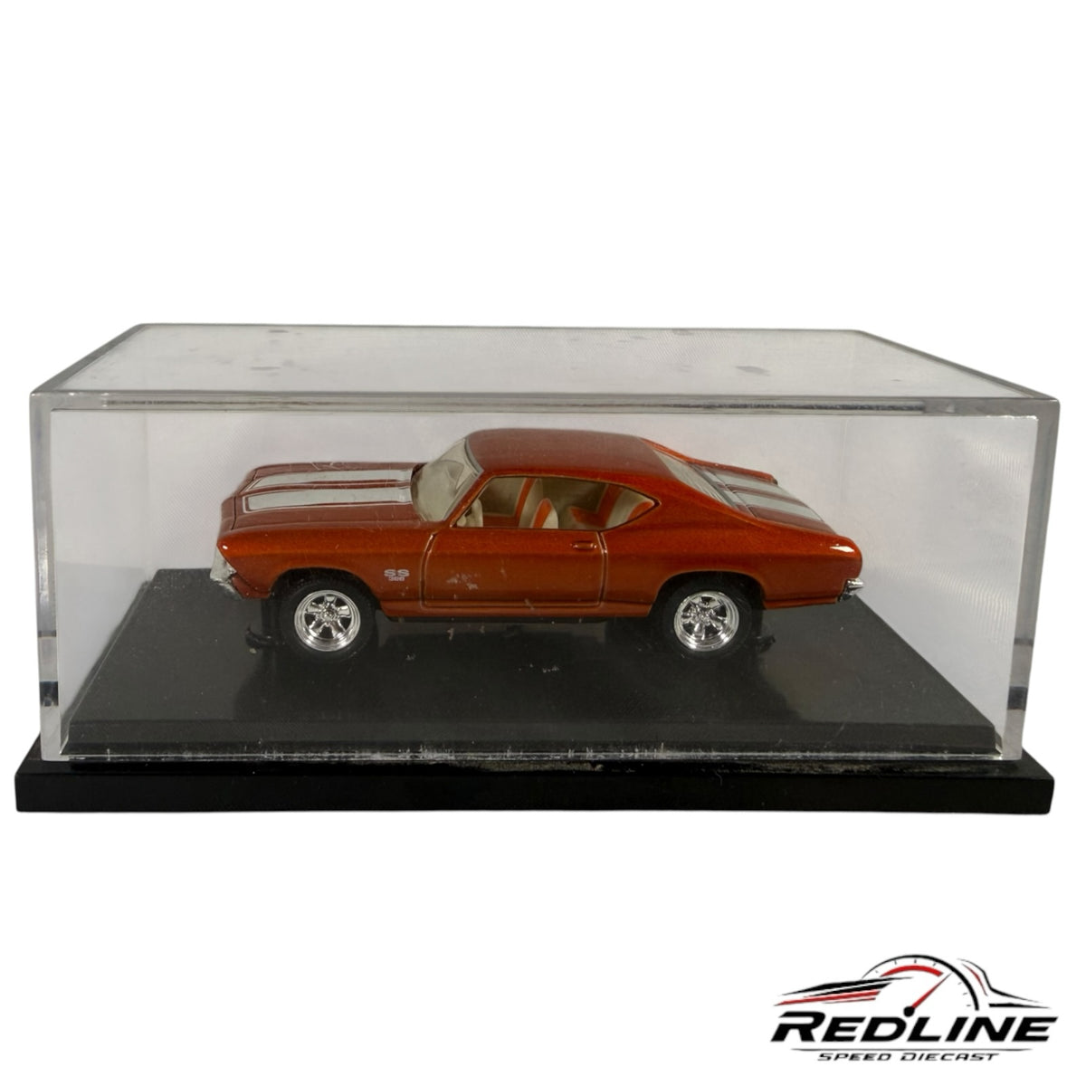 Redline Speed Diecast metallic orange Chevrolet Chevelle SS model car with white racing stripes in a display case