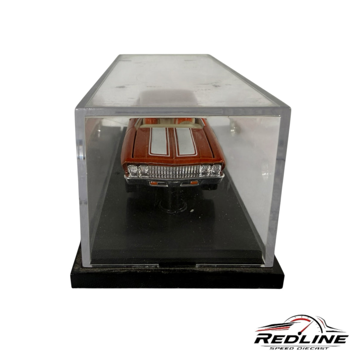 Redline Speed Diecast metallic orange Chevrolet Chevelle SS model car with white racing stripes in a display case