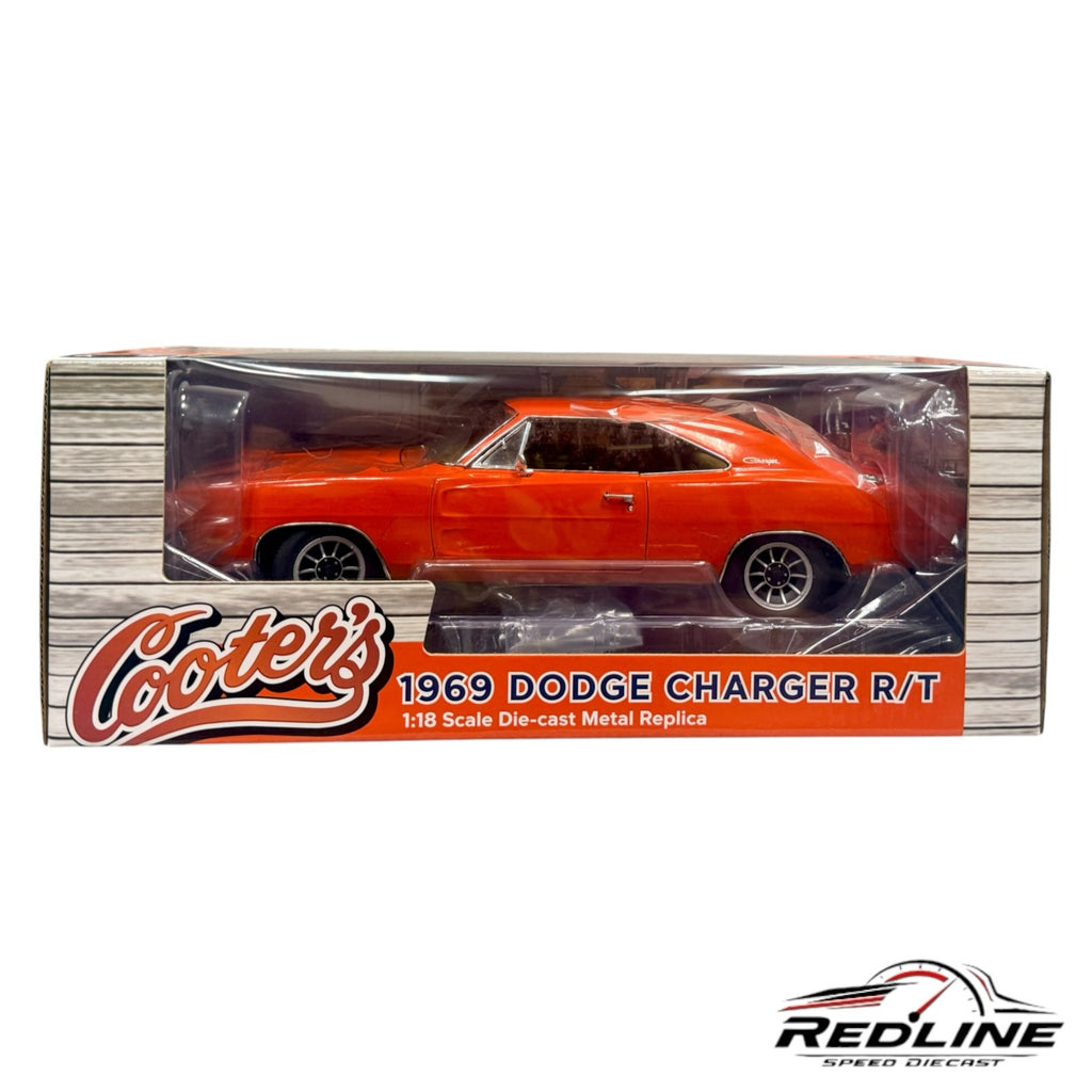 Redline Speed Diecast 1:18 scale orange 1969 Dodge Charger R/T model in Cooter's Garage exclusive display packaging