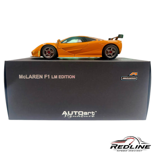 Redline Speed Diecast 1:18 scale orange McLaren F1 LM model car displayed on its branded black collector box