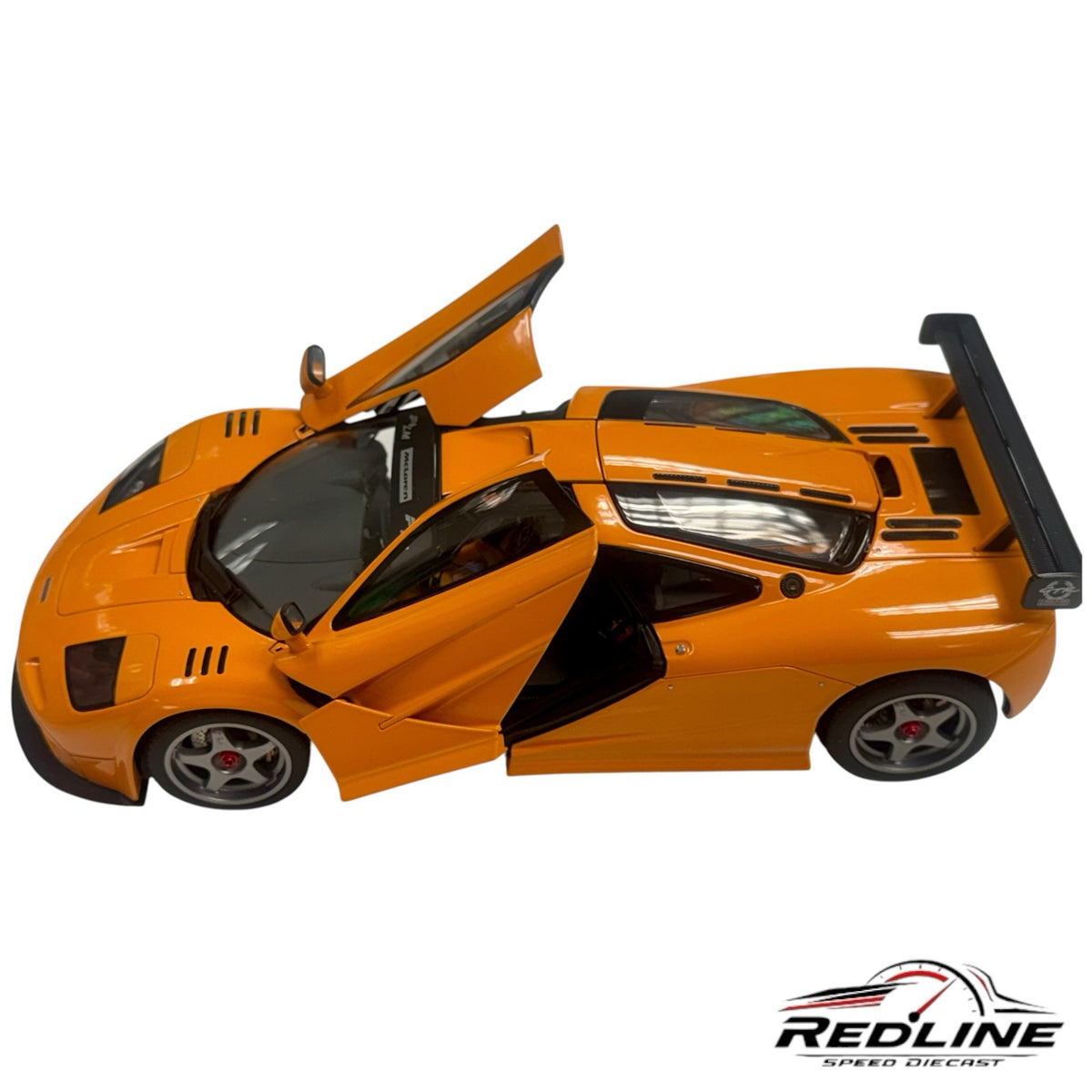 Redline Speed Diecast 1:18 scale orange McLaren F1 LM model car with open gullwing doors and rear wing