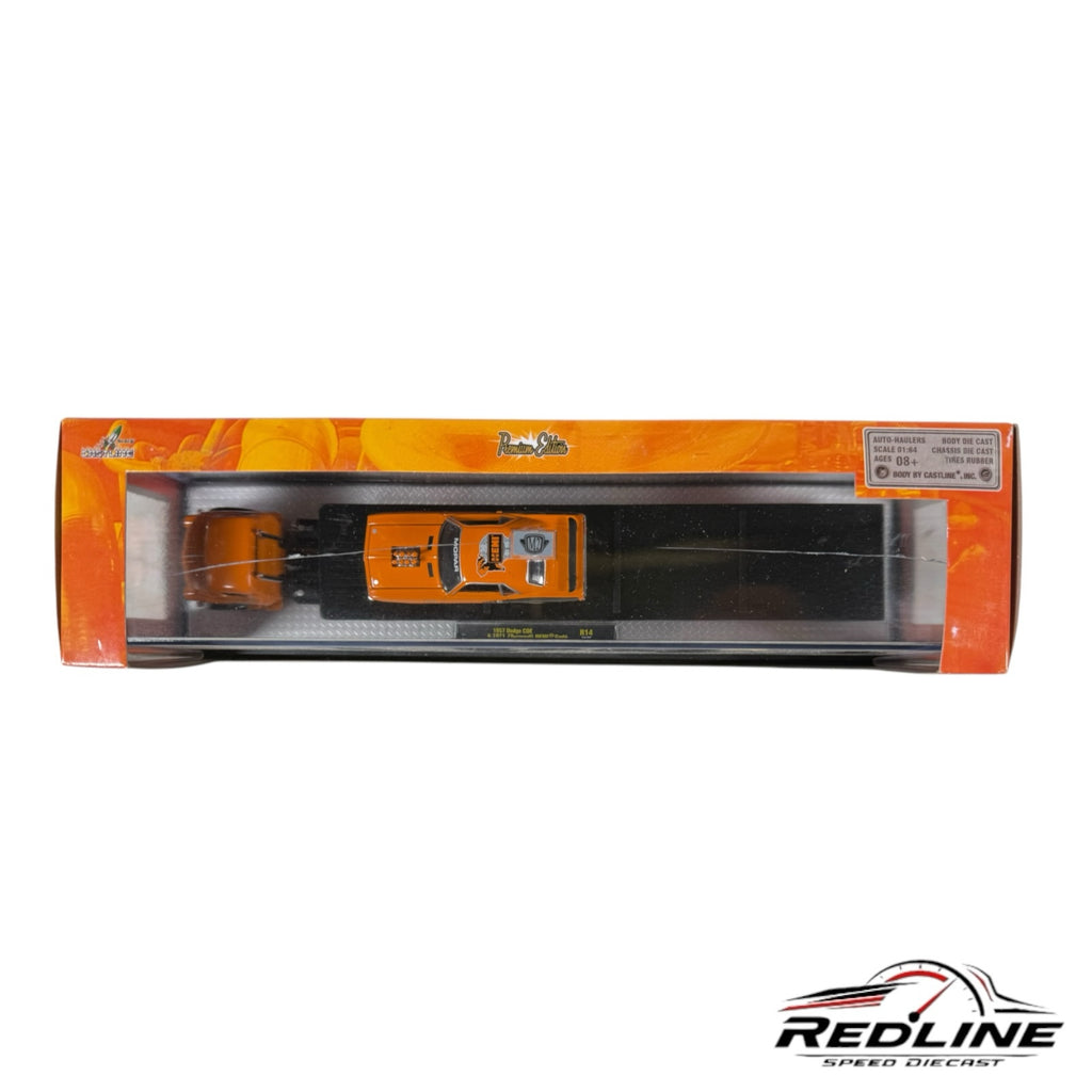 Redline Speed Diecast M2 Machines orange Mopar auto-hauler truck and muscle car set in original packaging