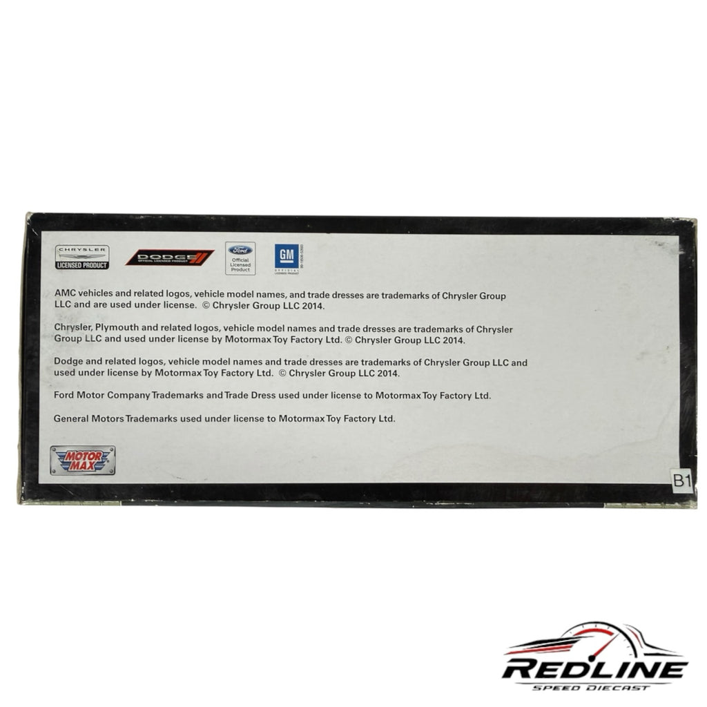 Redline Speed Diecast packaging back panel with official licensing logos for Chrysler, Dodge, Ford, and General Motors
