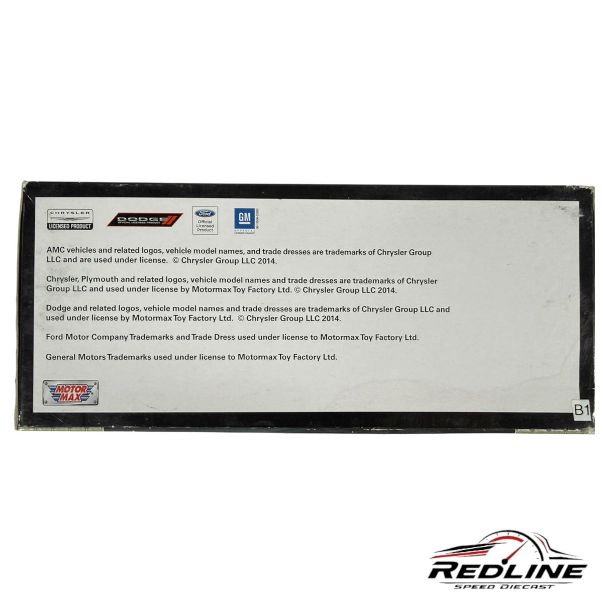 Redline Speed Diecast packaging back panel with official licensing logos for Chrysler, Dodge, Ford, and General Motors