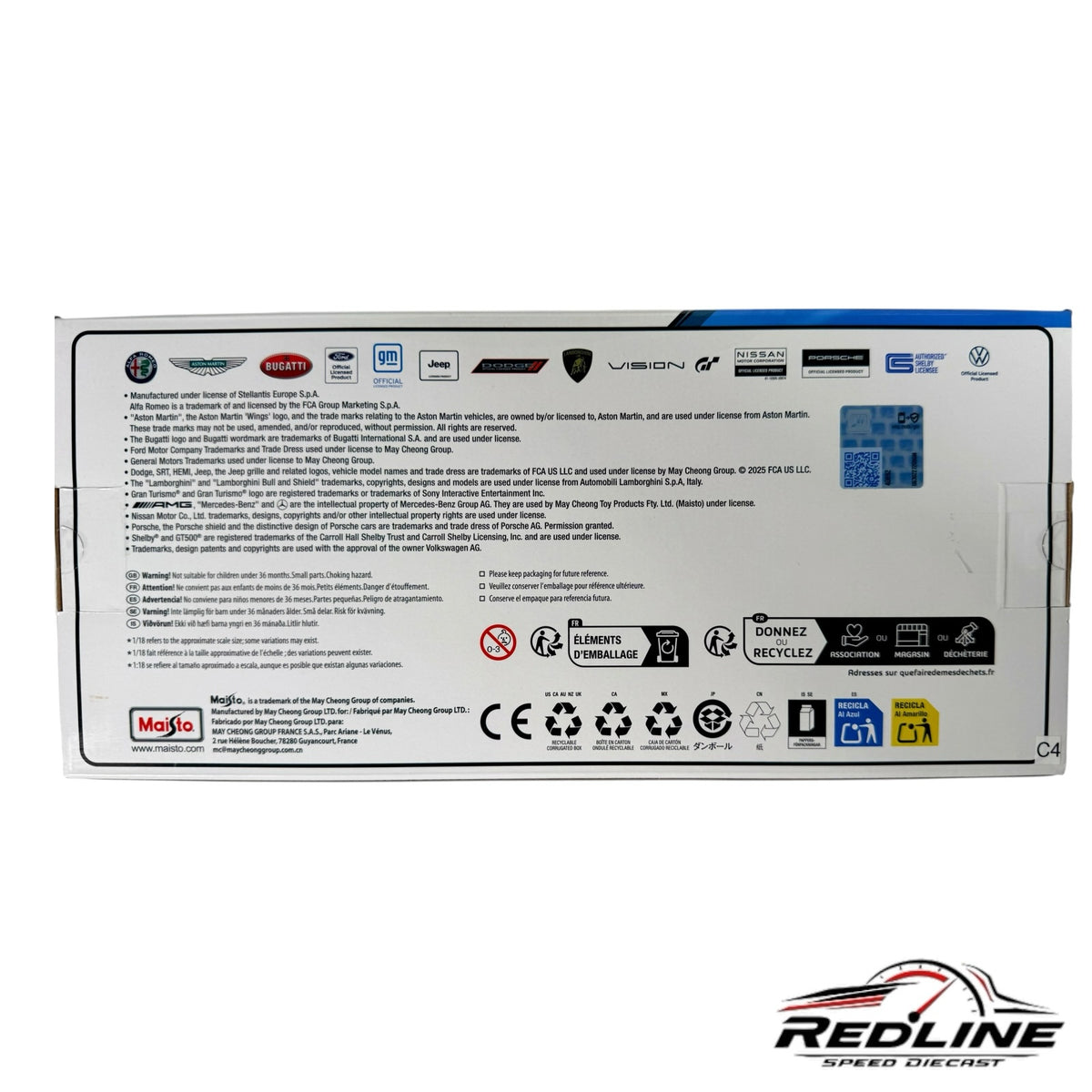 Redline Speed Diecast packaging back panel with manufacturer information, safety warnings, and official brand logos.