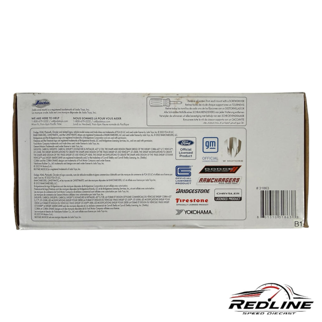 Redline Speed Diecast packaging back panel with official licensing logos and product information for a model car.
