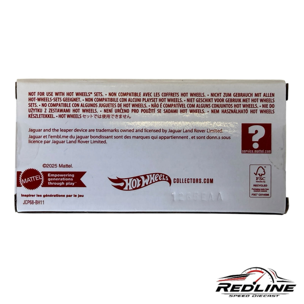 Redline Speed Diecast packaging back view with Hot Wheels branding and multilingual safety information