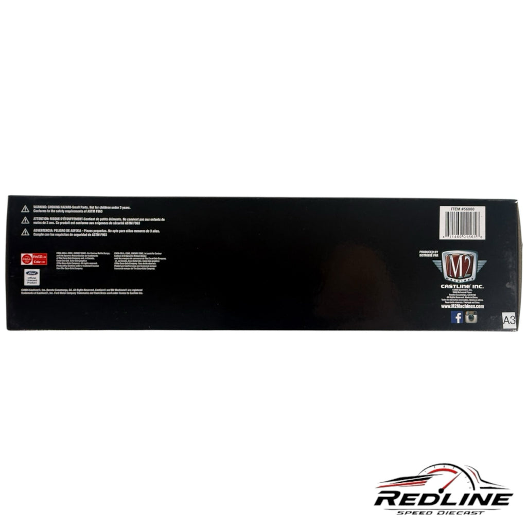 Redline Speed Diecast packaging back view for Coca-Cola Cherry themed Ford truck and Mustang collector set