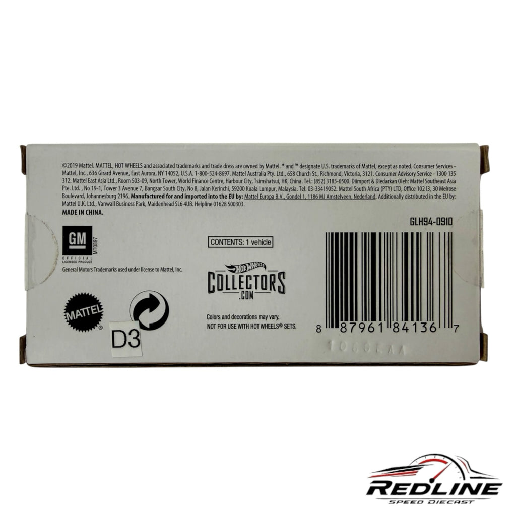 Redline Speed Diecast packaging back view featuring Hot Wheels Collectors branding, barcode, and product information.
