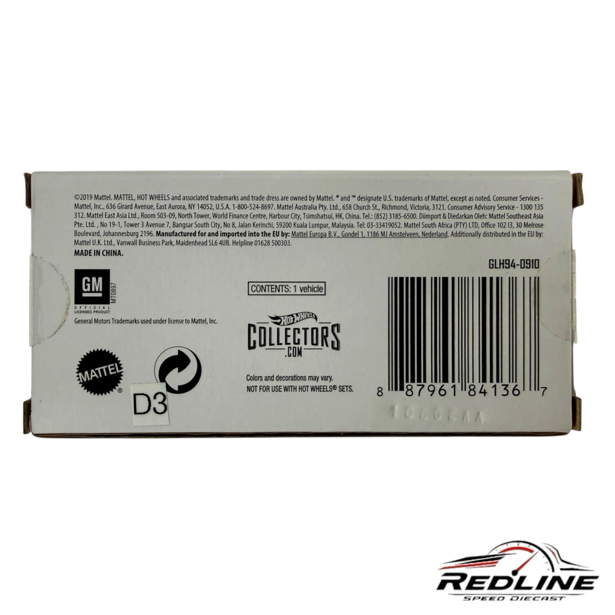 Redline Speed Diecast packaging back view featuring Hot Wheels Collectors branding, barcode, and product information.