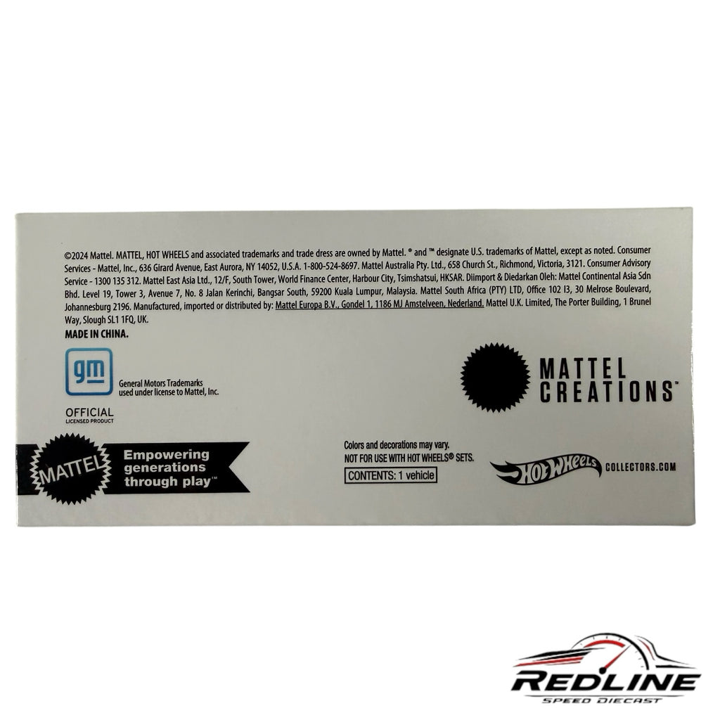 Redline Speed Diecast packaging back view showing Mattel Creations, Hot Wheels, and General Motors branding details.