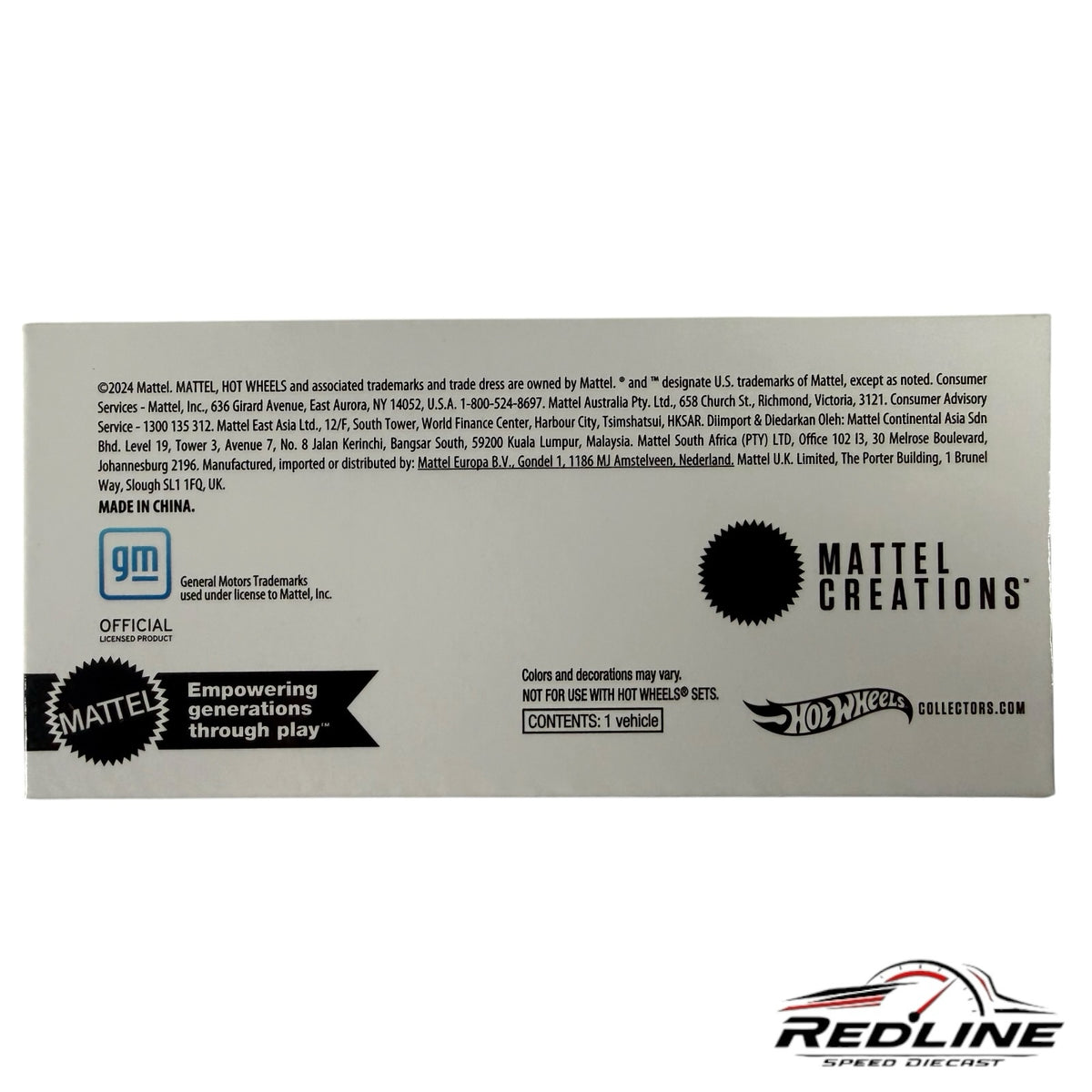 Redline Speed Diecast packaging back view showing Mattel Creations, Hot Wheels, and General Motors branding details.