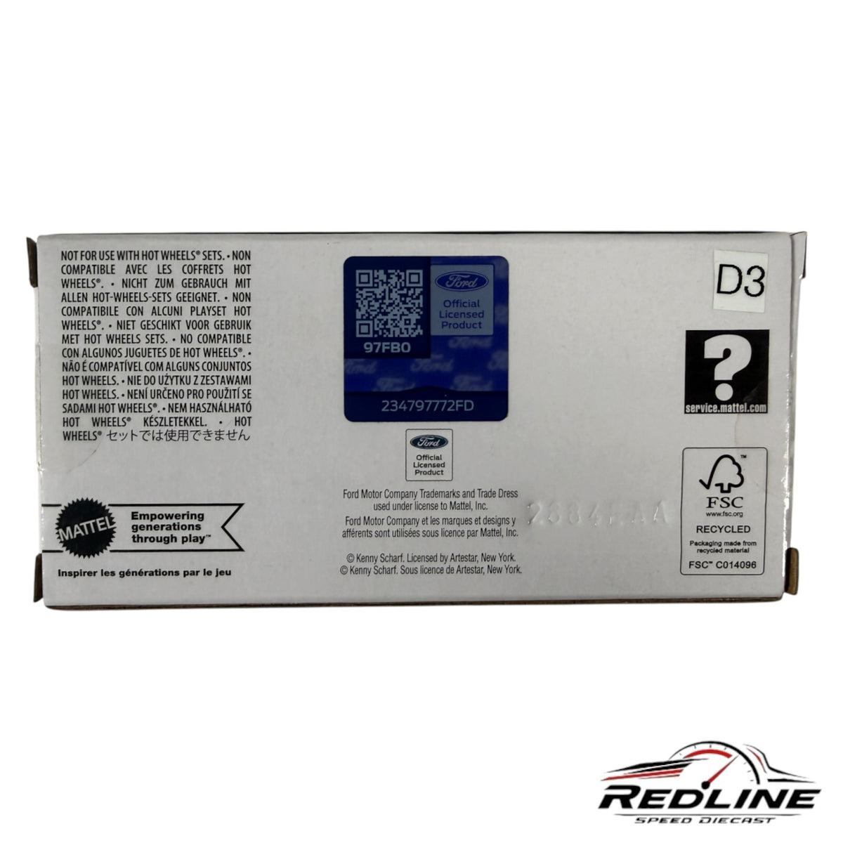 Redline Speed Diecast packaging back view with Ford and Mattel branding, recycling symbols, and product information.