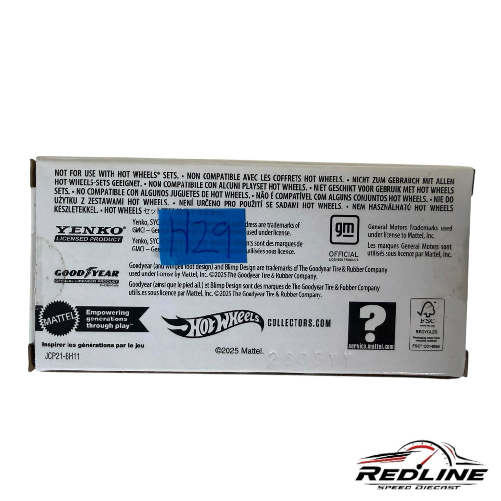 Redline Speed Diecast packaging box back with Yenko and Hot Wheels branding, safety warnings, and official logos.