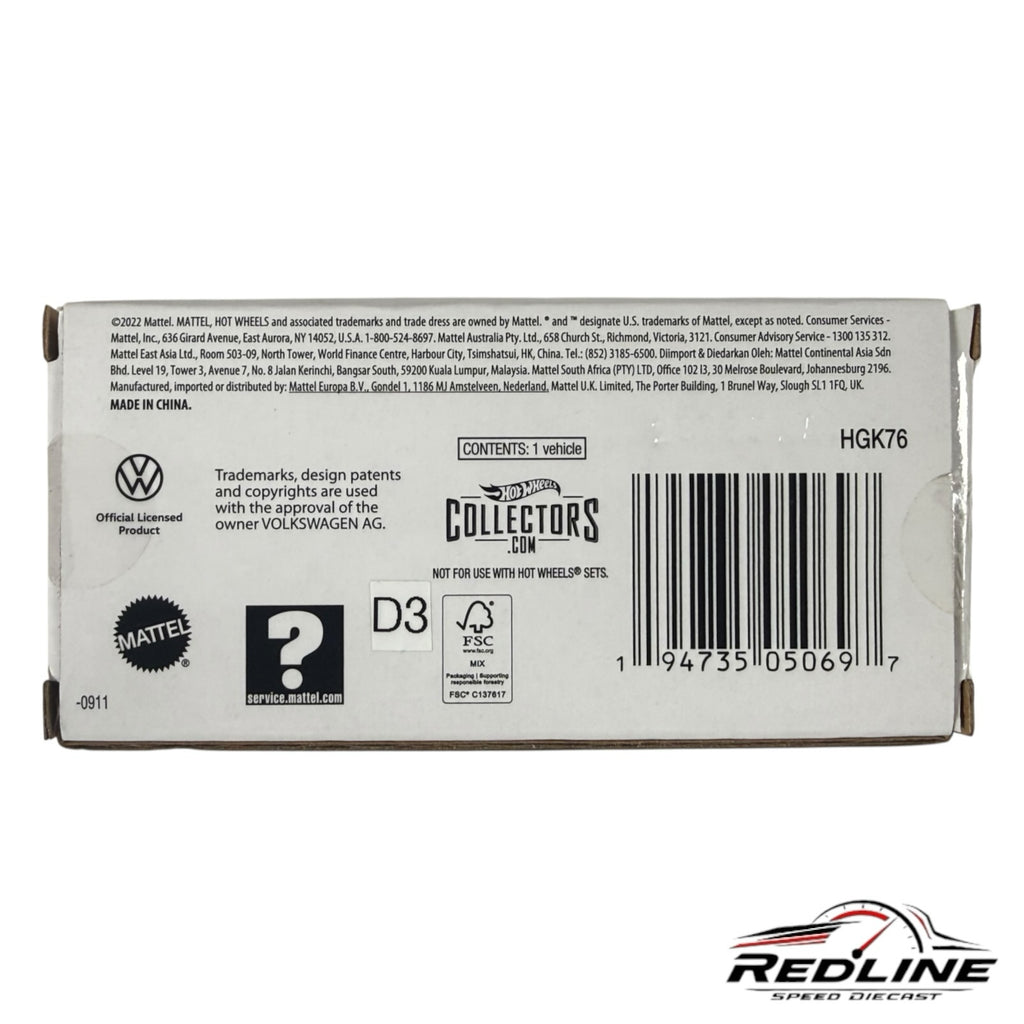 Redline Speed Diecast packaging box back with product information, barcodes, and official Volkswagen branding.