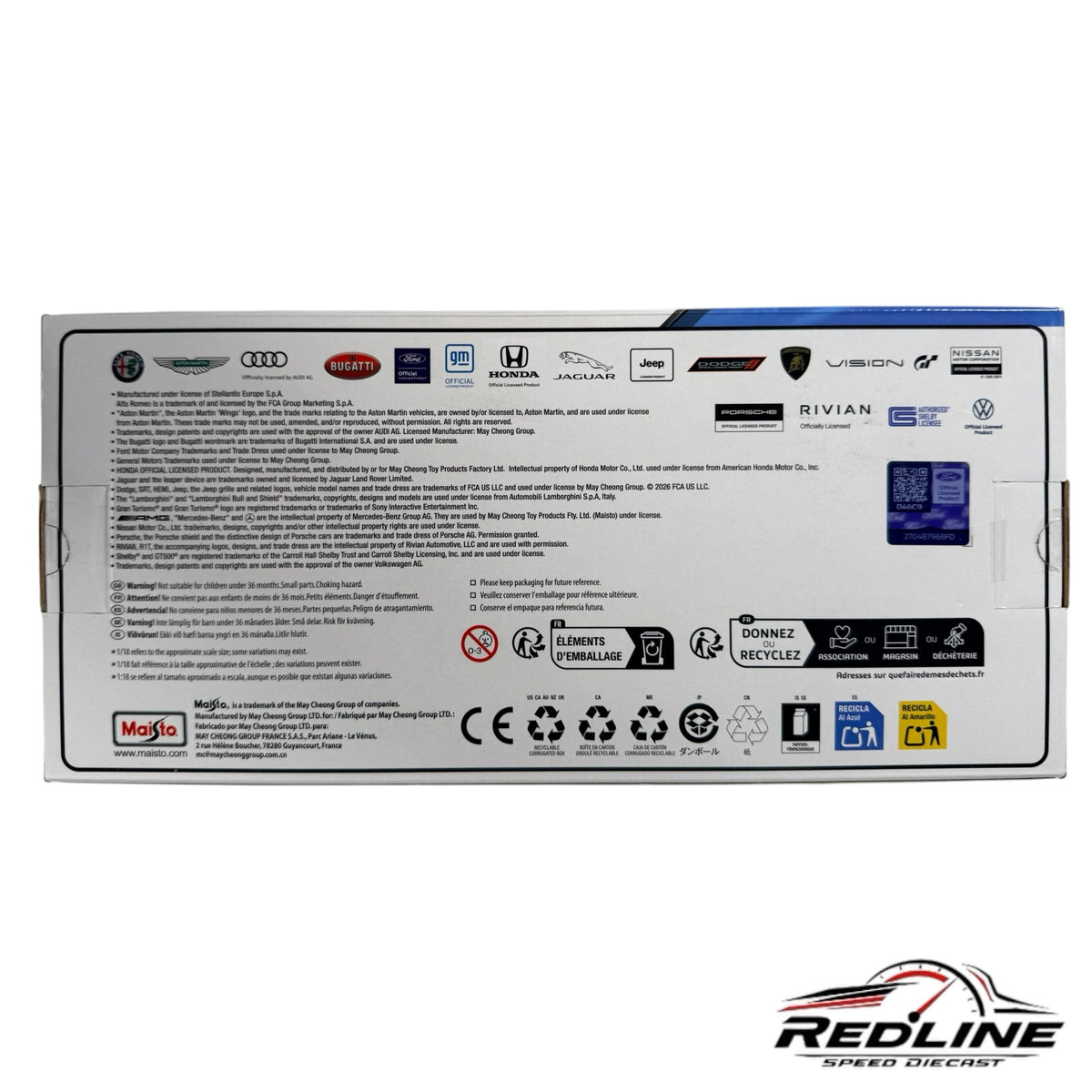 Redline Speed Diecast packaging box back view showing manufacturer information and official licensing logos