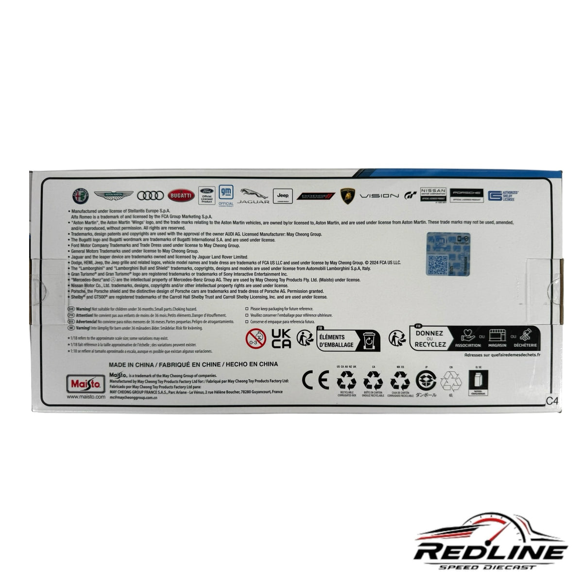 Redline Speed Diecast packaging box back view showing manufacturer information, safety warnings, and brand logos