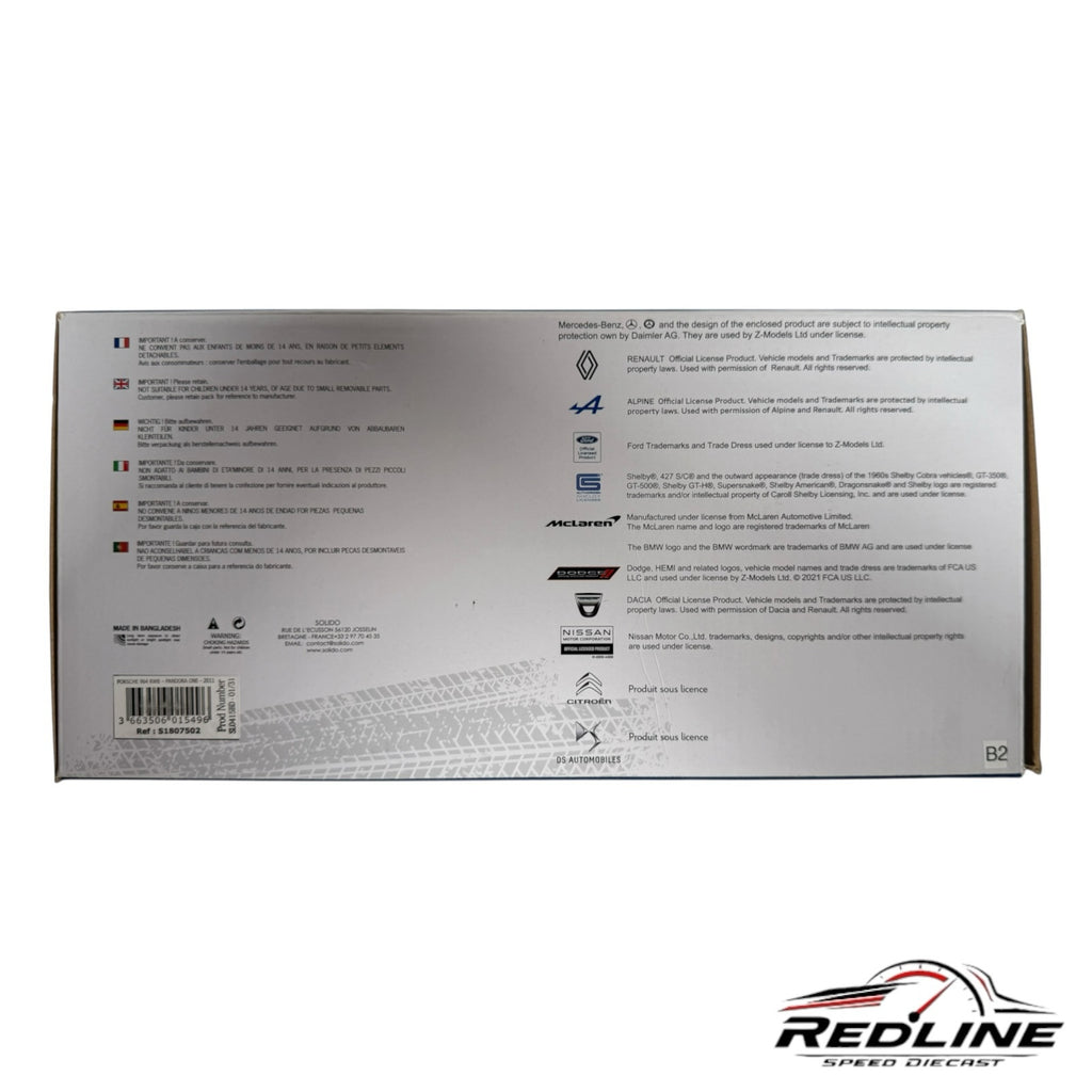 Redline Speed Diecast packaging box back view showing legal information, manufacturer logos, and barcode details.