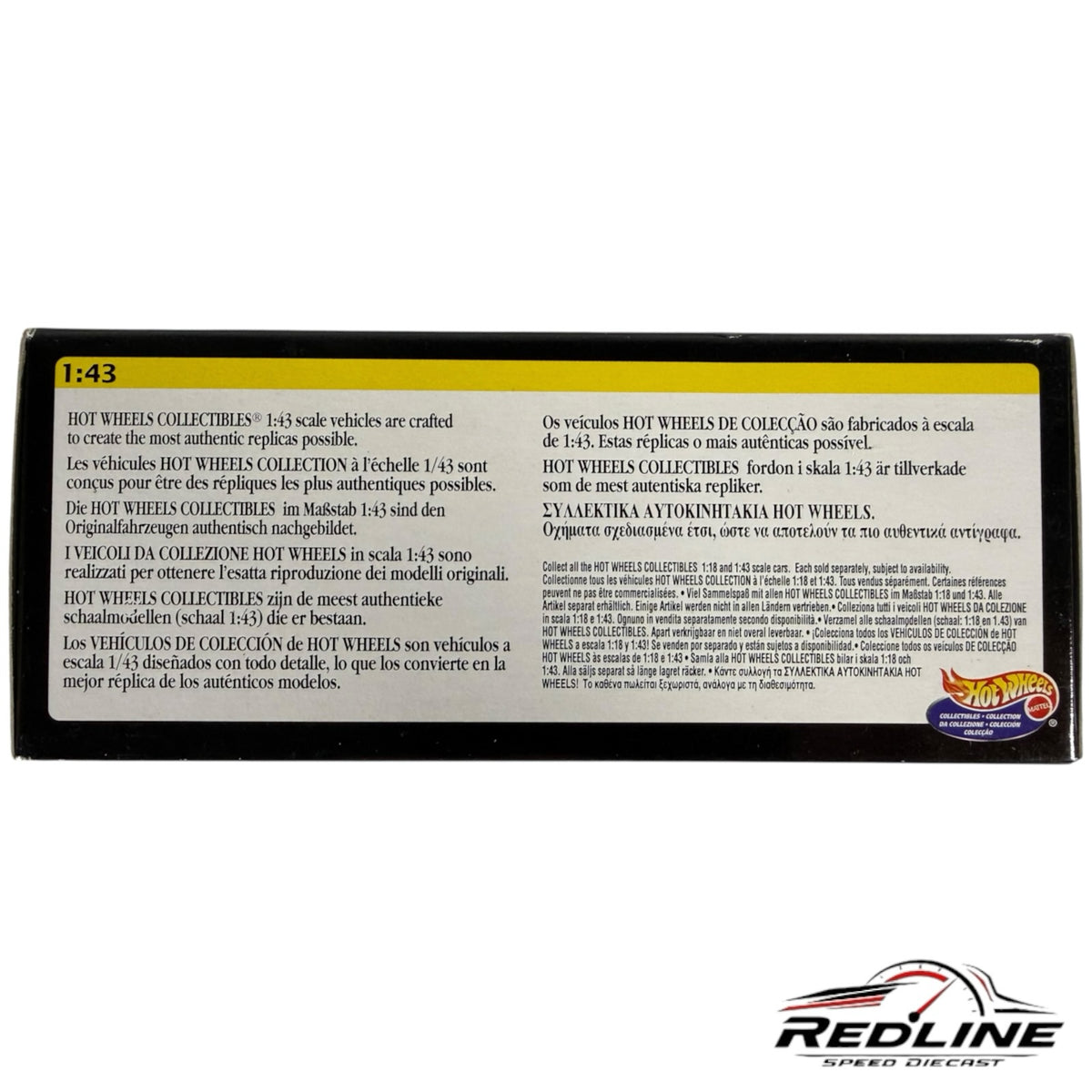 Redline Speed Diecast packaging box back with multilingual product information for 1:43 scale collector vehicles