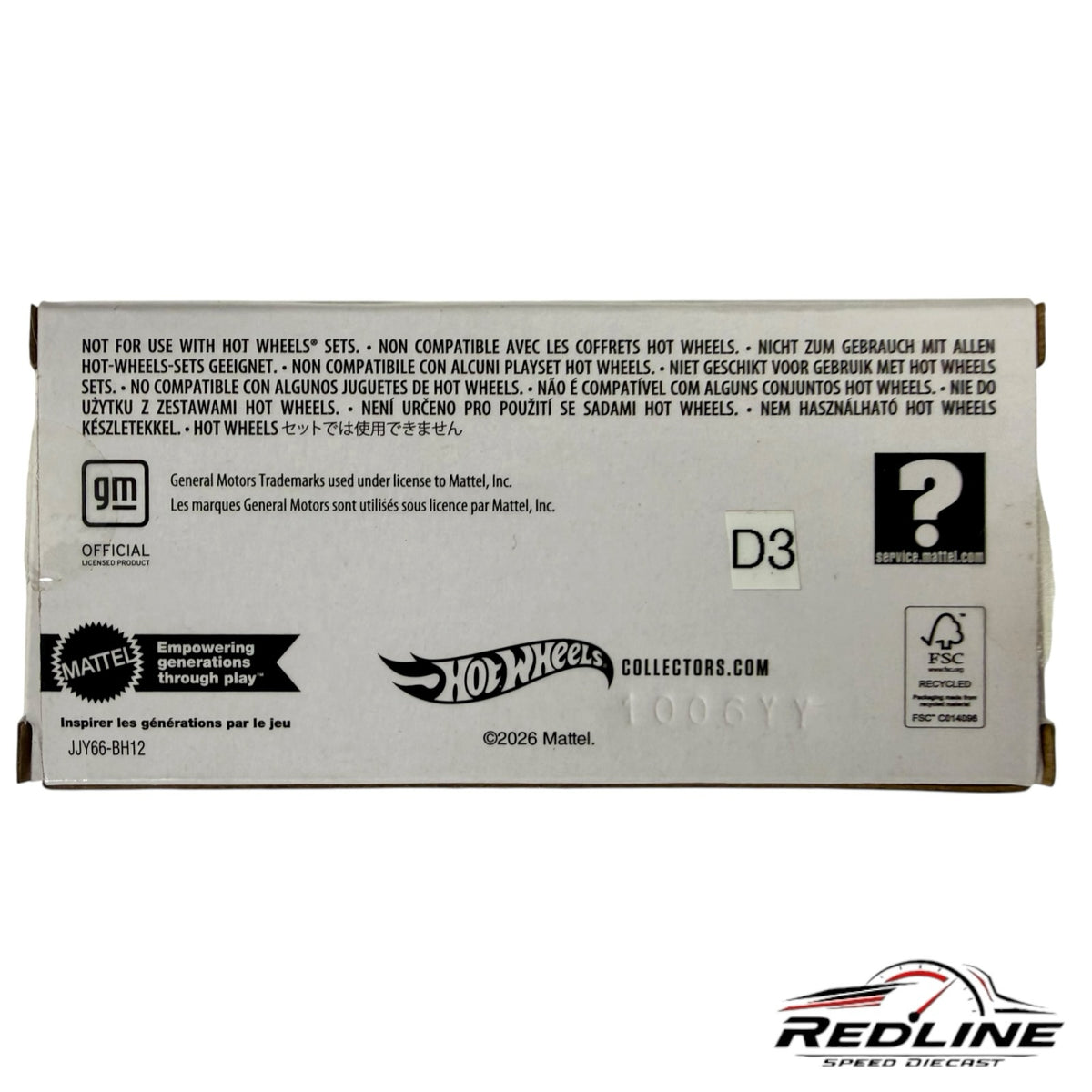 Redline Speed Diecast packaging box bottom with official Mattel and Hot Wheels branding and safety information