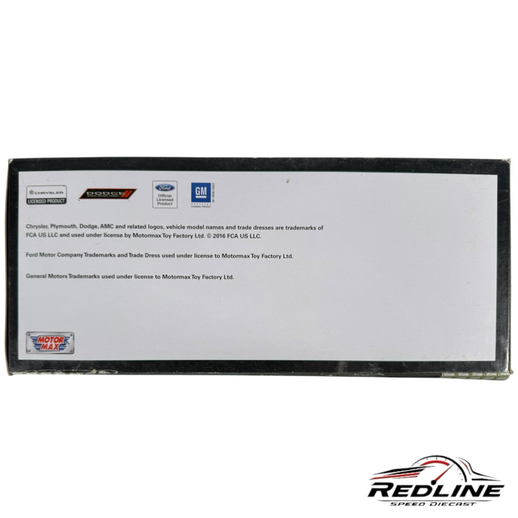 Redline Speed Diecast packaging back panel showing official licensing logos for Chrysler, Dodge, Ford, and GM.
