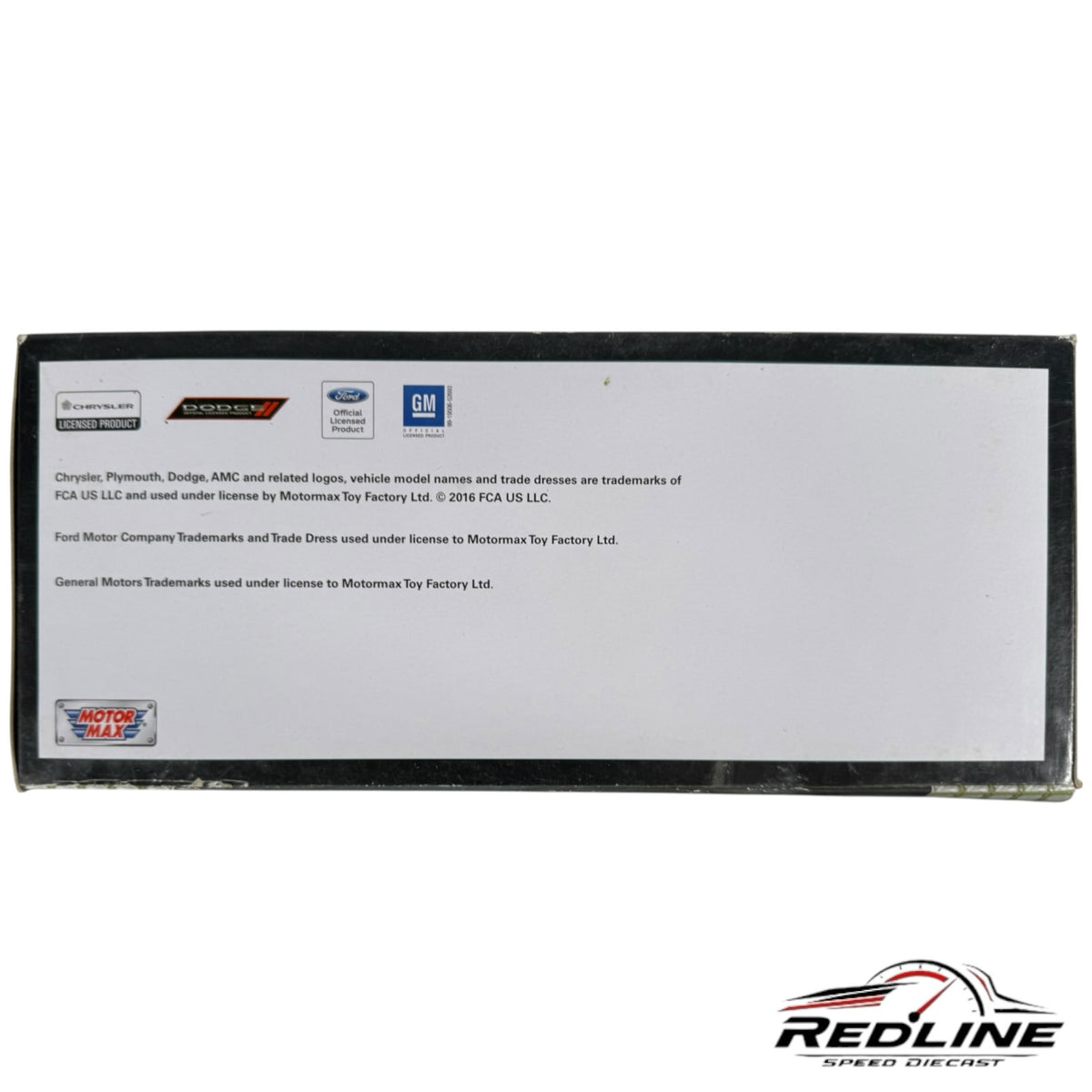 Redline Speed Diecast packaging back panel showing official licensing logos for Chrysler, Dodge, Ford, and GM.